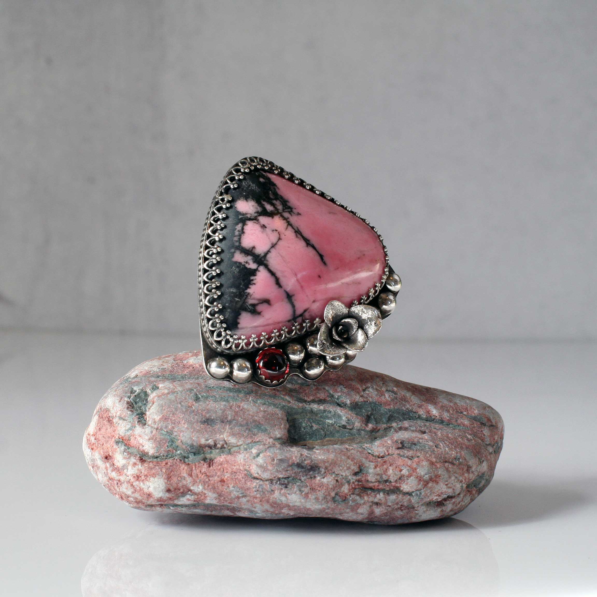 Pink and Black Rhodonite Statement Ring with Garnet in Sterling Silver