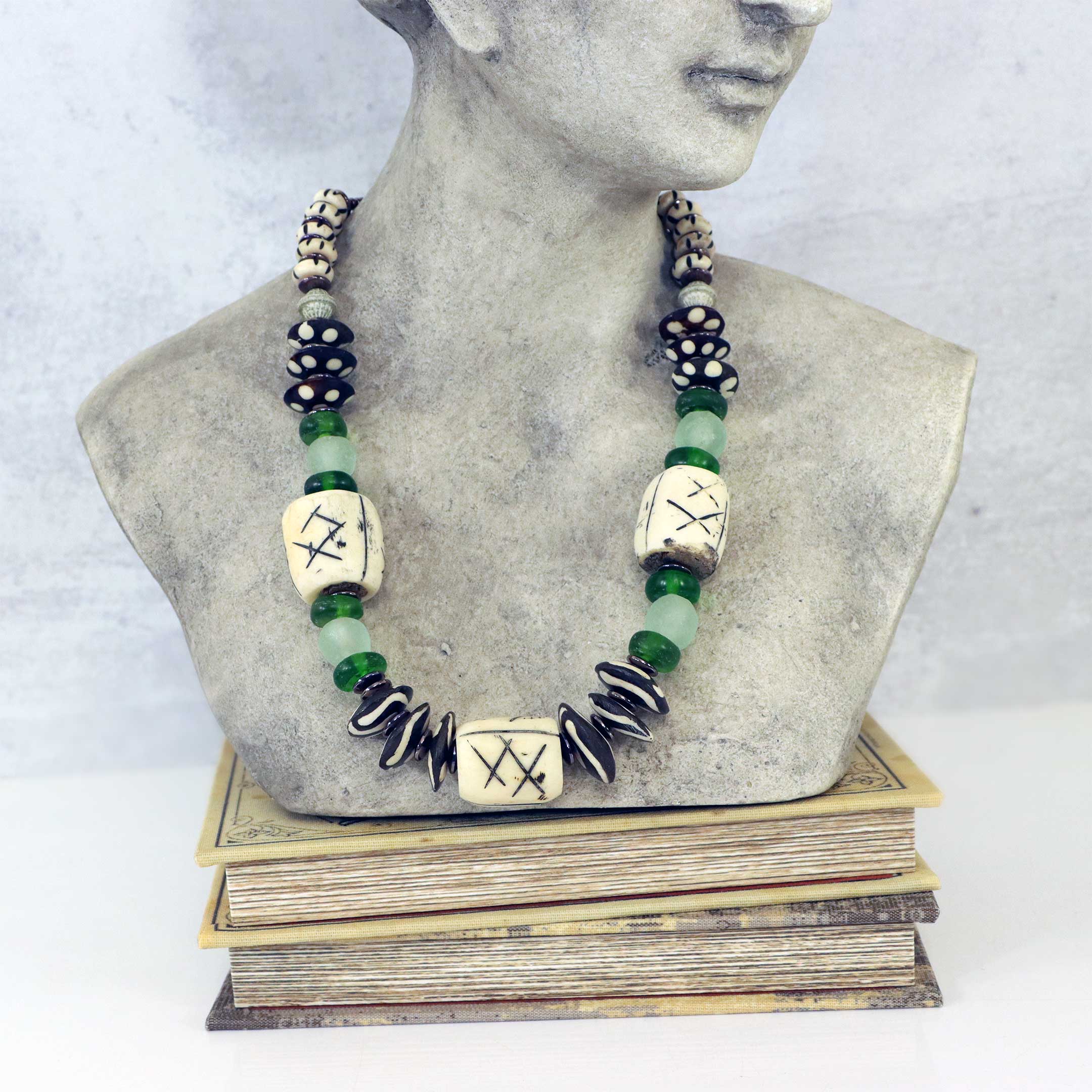 Boho Beaded Necklace with Chunky Carved Bone & Handmade Glass