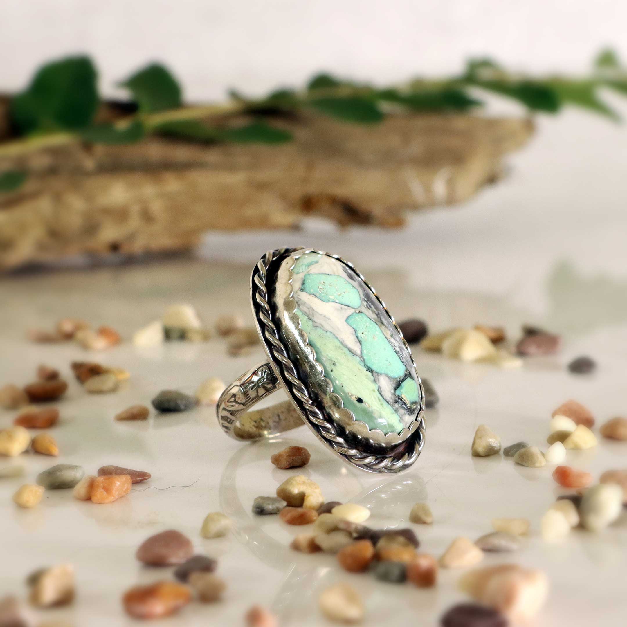 Turquoise / Variscite Ring in Swirls of Mint Green and Grey