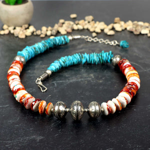 Turquoise & Spiny Oyster Beaded Necklace, Handmade Sterling Silver Beads