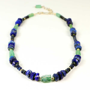 Lapis Lazuli & Ancient Roman Glass Shard Necklace in Blue and Green