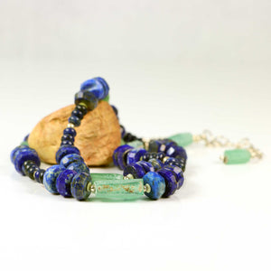 Lapis Lazuli & Ancient Roman Glass Shard Necklace in Blue and Green