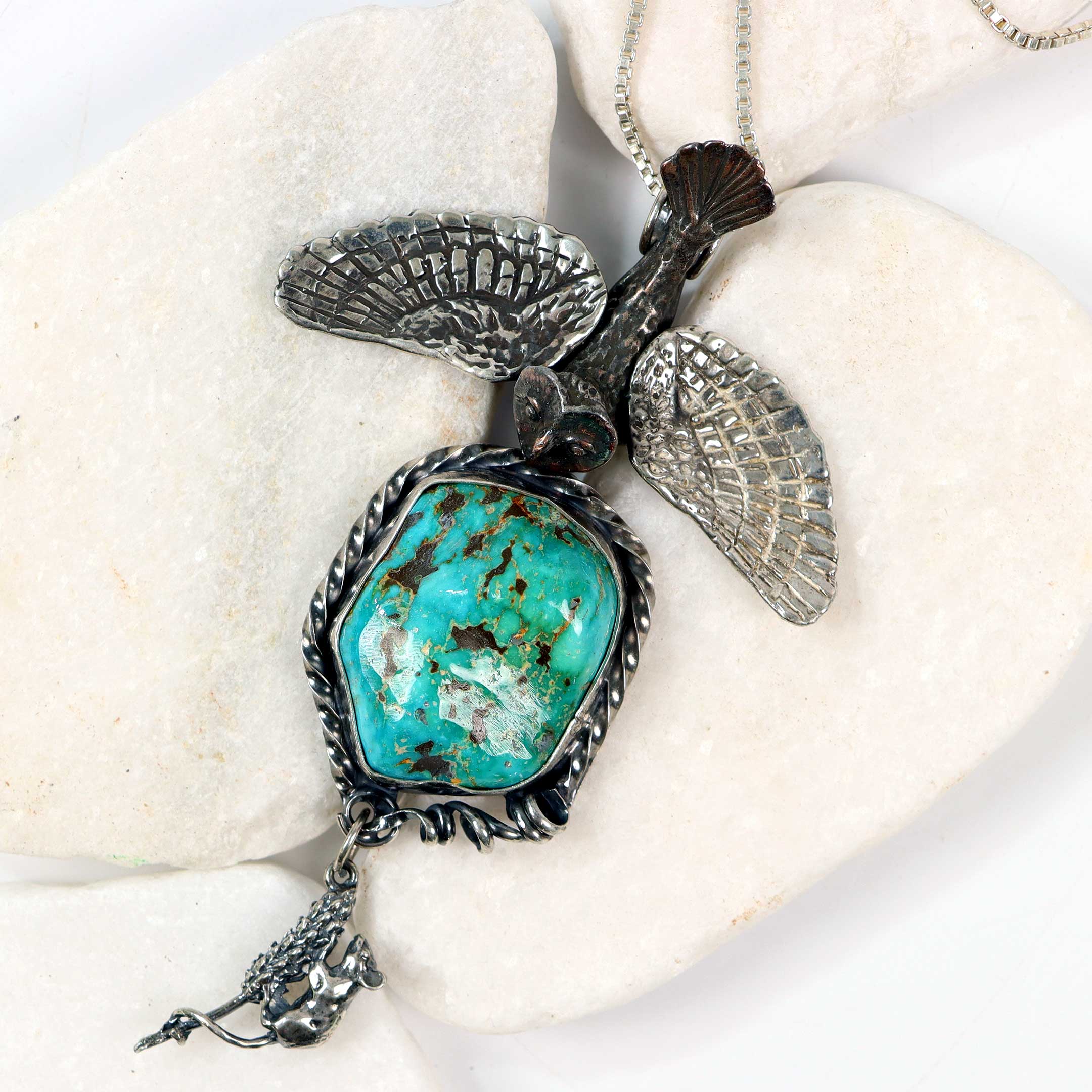 Sterling Silver Owl Necklace with Kingman Turquoise