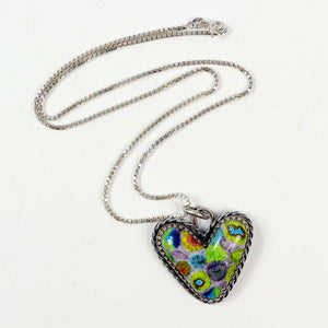 Lampwork Glass Heart pendant with Millefiori, Set in Sterling Silver