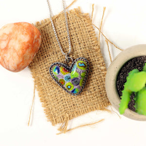 Lampwork Glass Heart pendant with Millefiori, Set in Sterling Silver