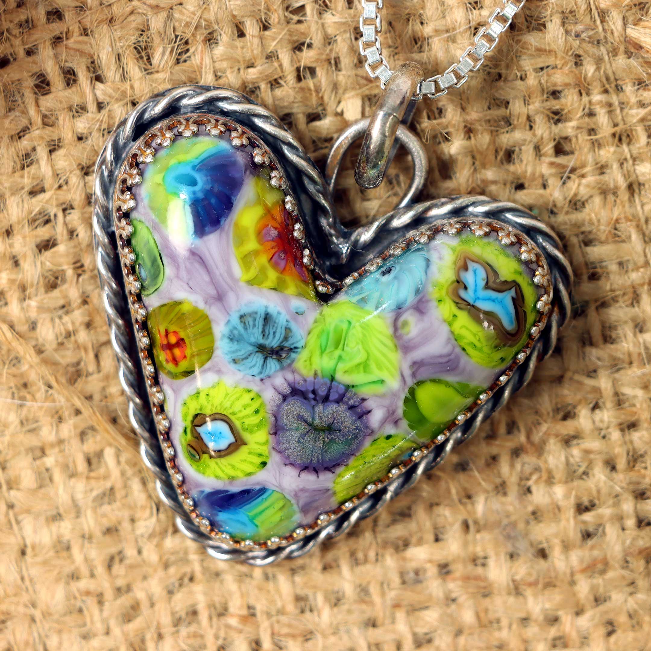 Lampwork Glass Heart pendant with Millefiori, Set in Sterling Silver