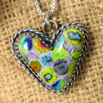 Lampwork Glass Heart pendant with Millefiori, Set in Sterling Silver