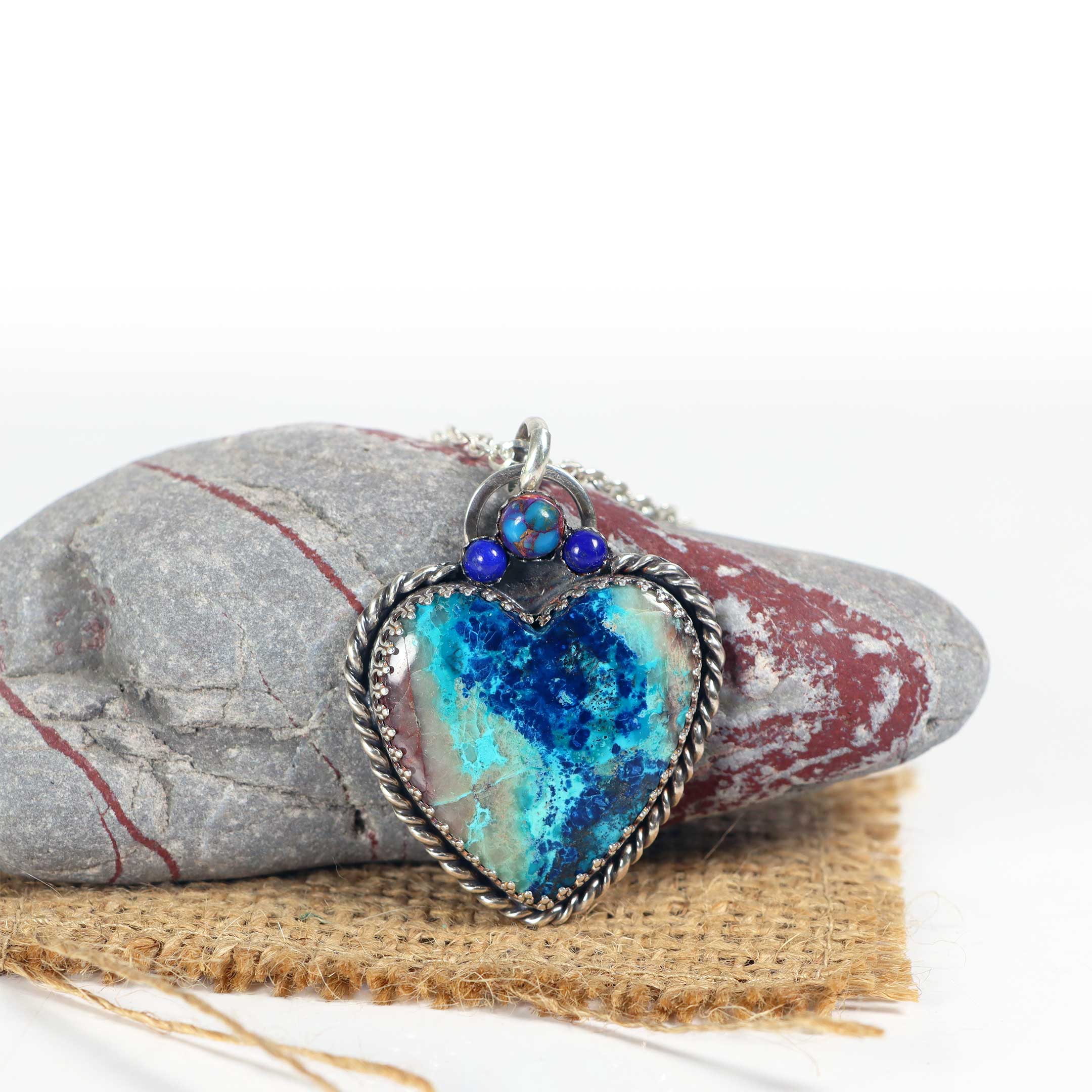 Chrysocolla / Azurite Heart Pendant in Sterling Silver