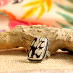 Black n White Ring, Fossilized Peanut Wood