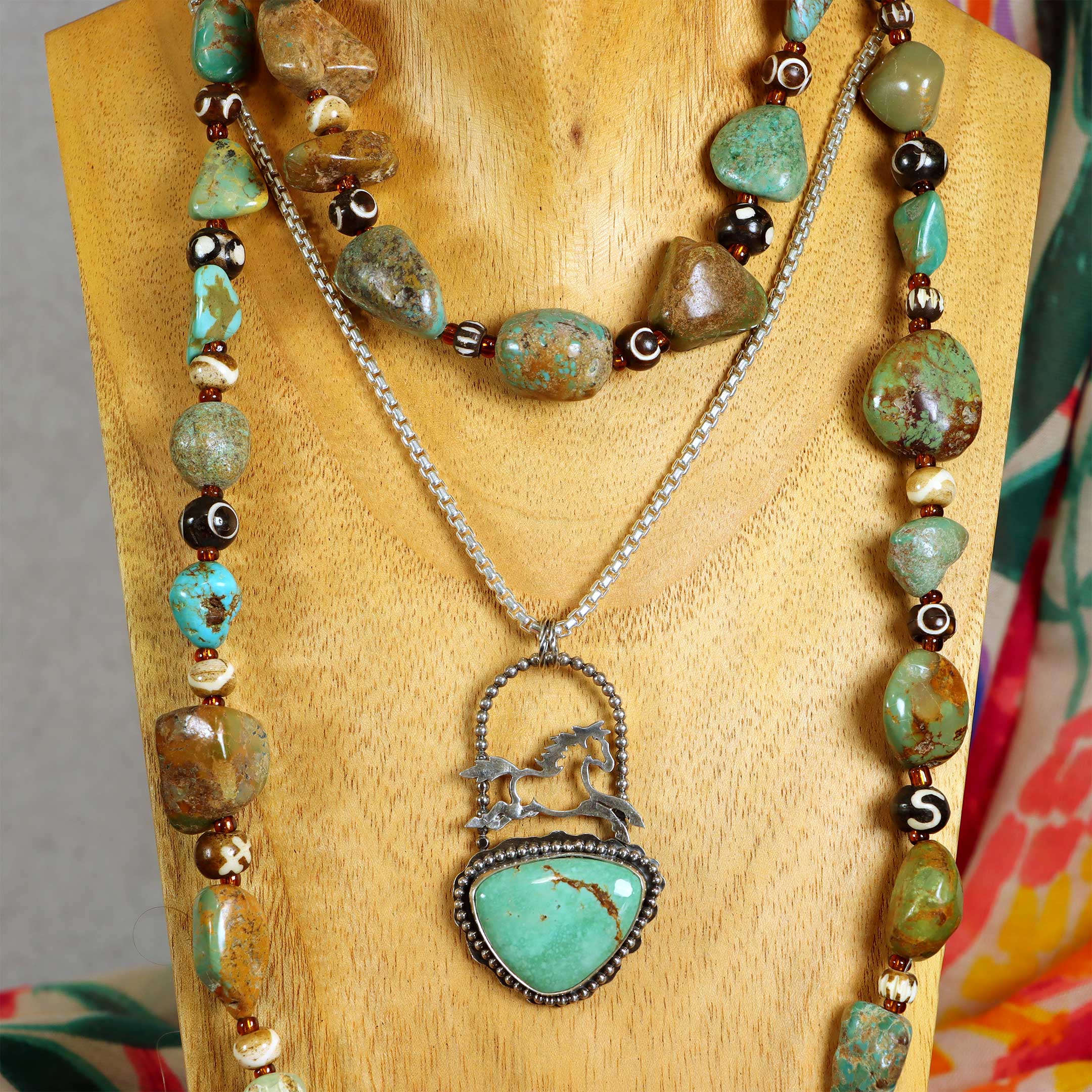 Turquoise Nugget Necklace with Agate, Extra Long