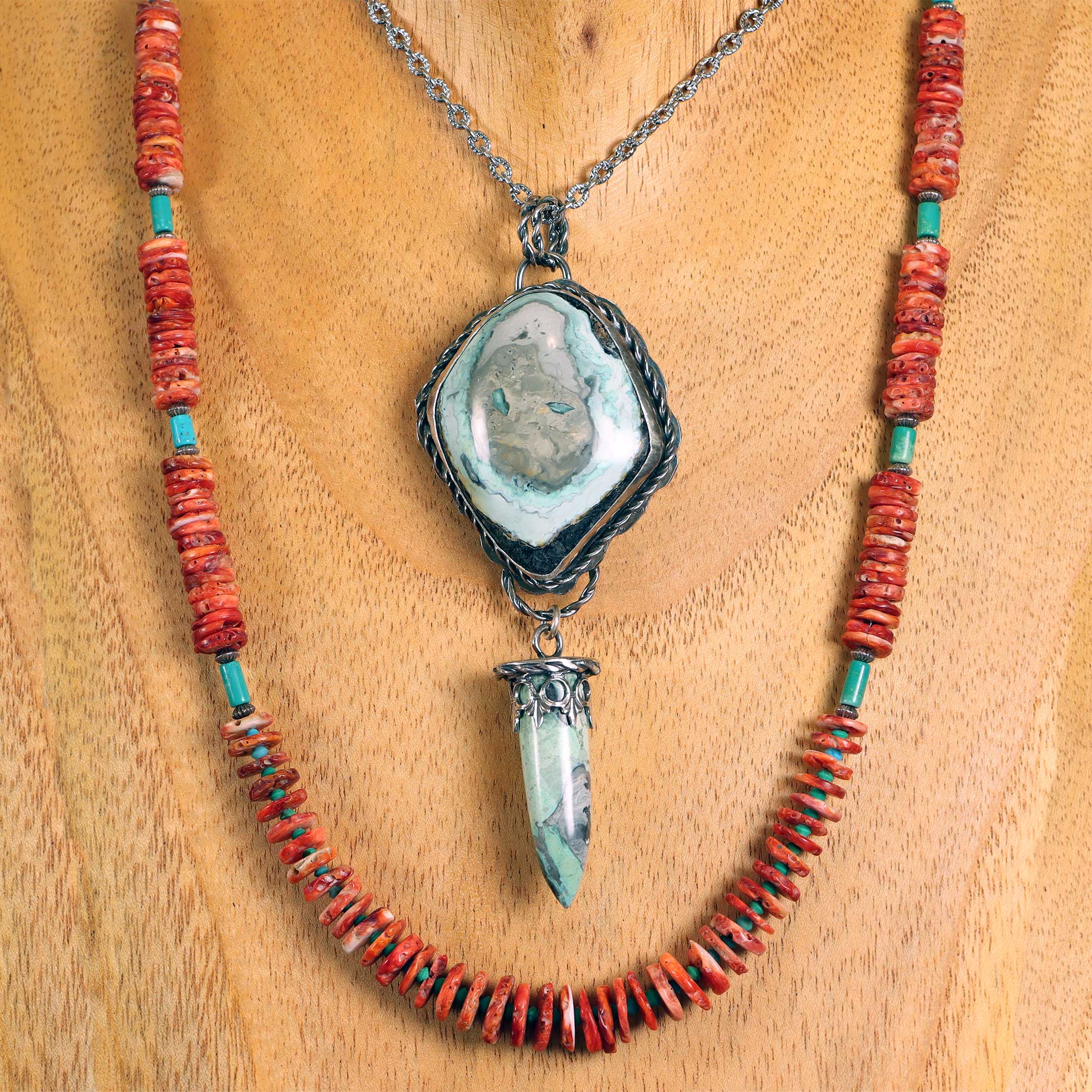 Natural Spiny Oyster Necklace w/Turquoise & Sterling Silver