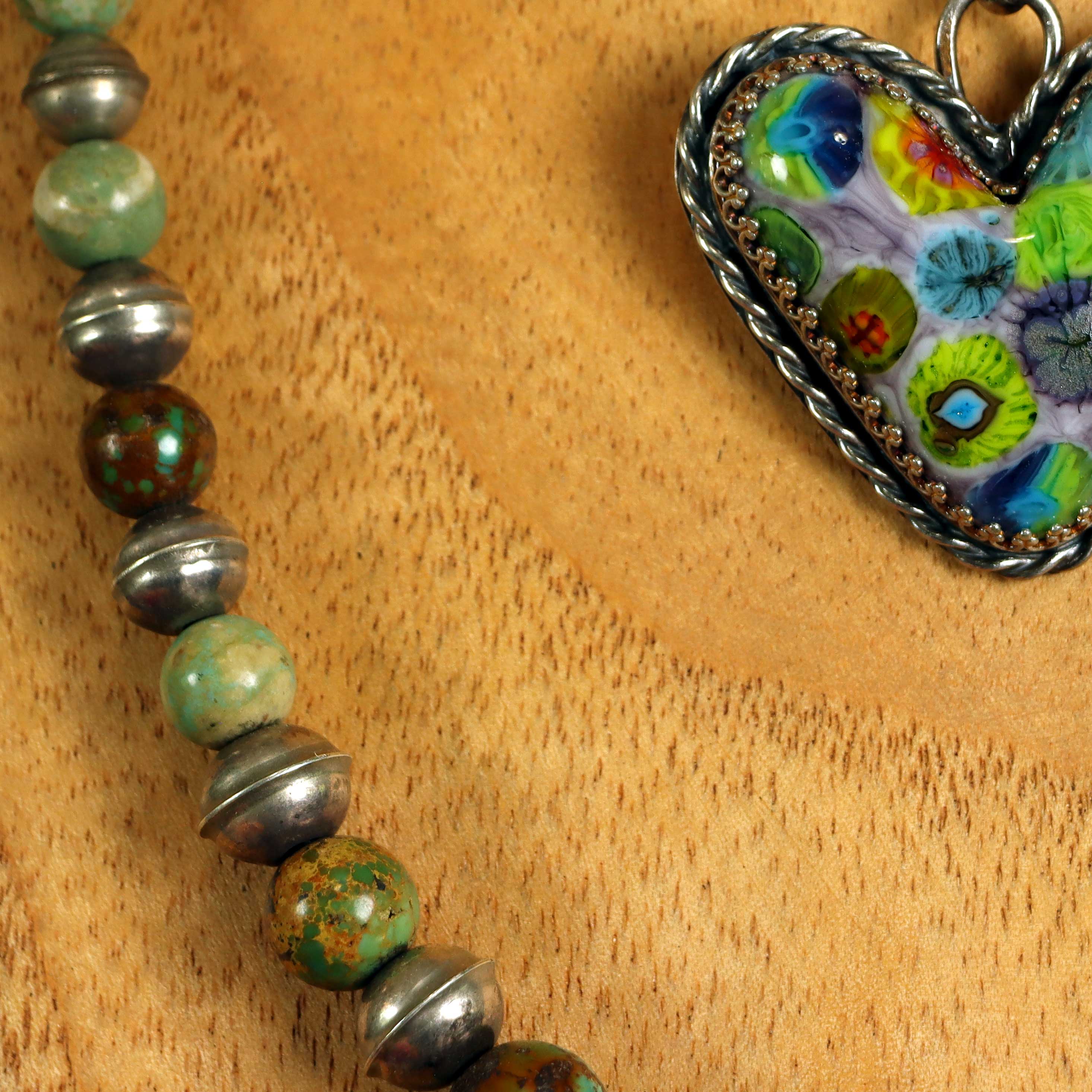 Lampwork Glass Heart pendant with Millefiori, Set in Sterling Silver