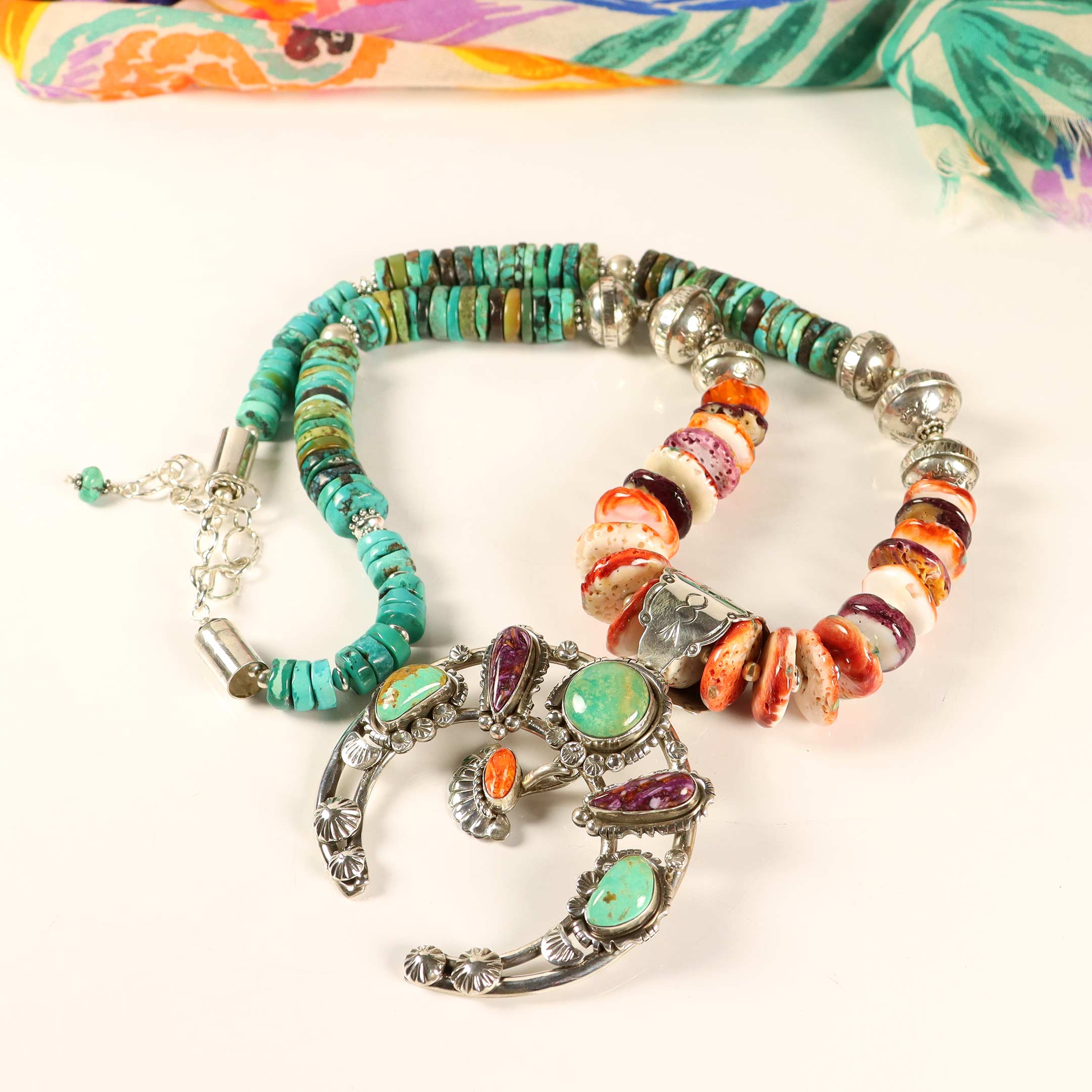 Statement Turquoise & Spiny Oyster Necklace with Multi-color Naja