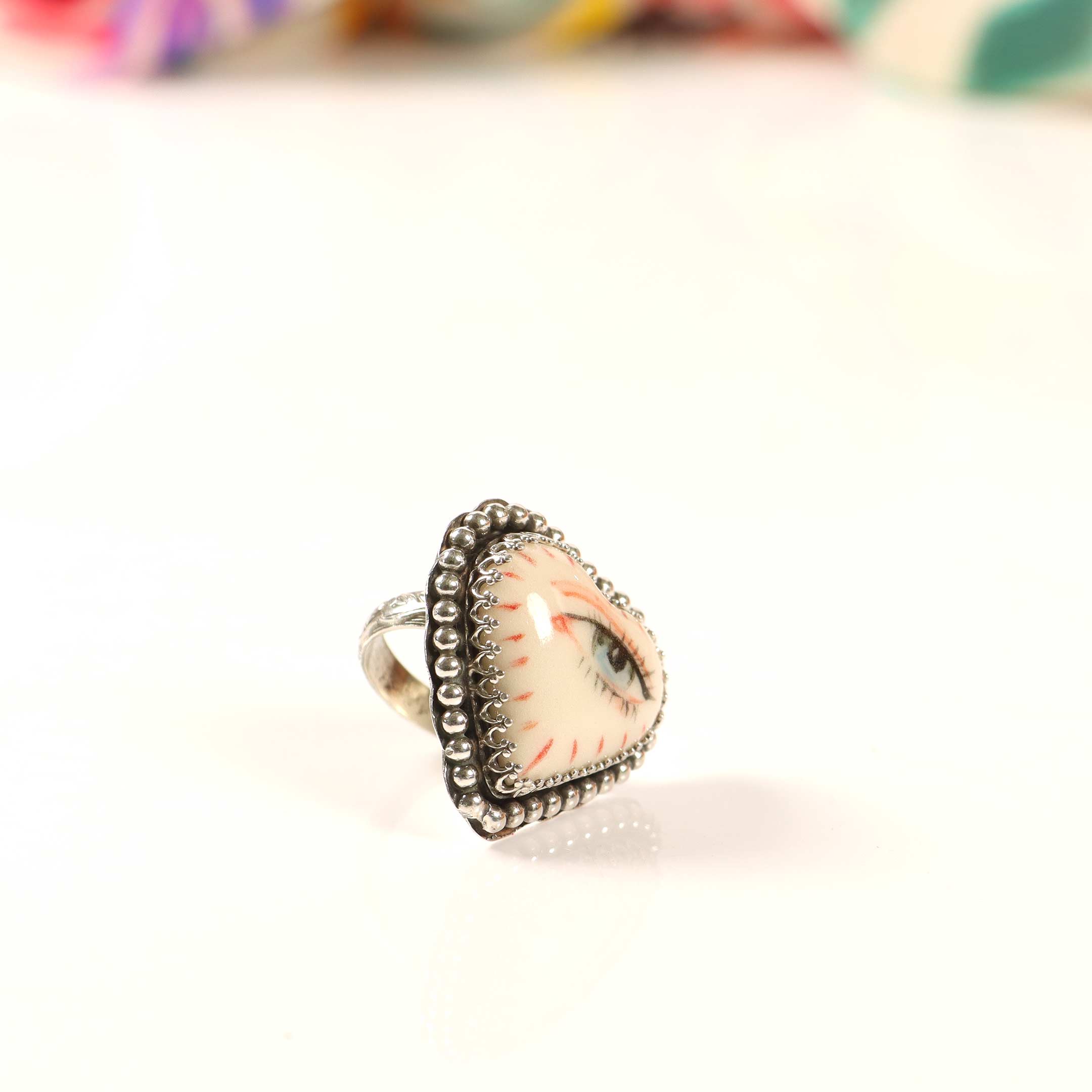 Handpainted Porcelain 'Eye' - Sterling Silver Ring
