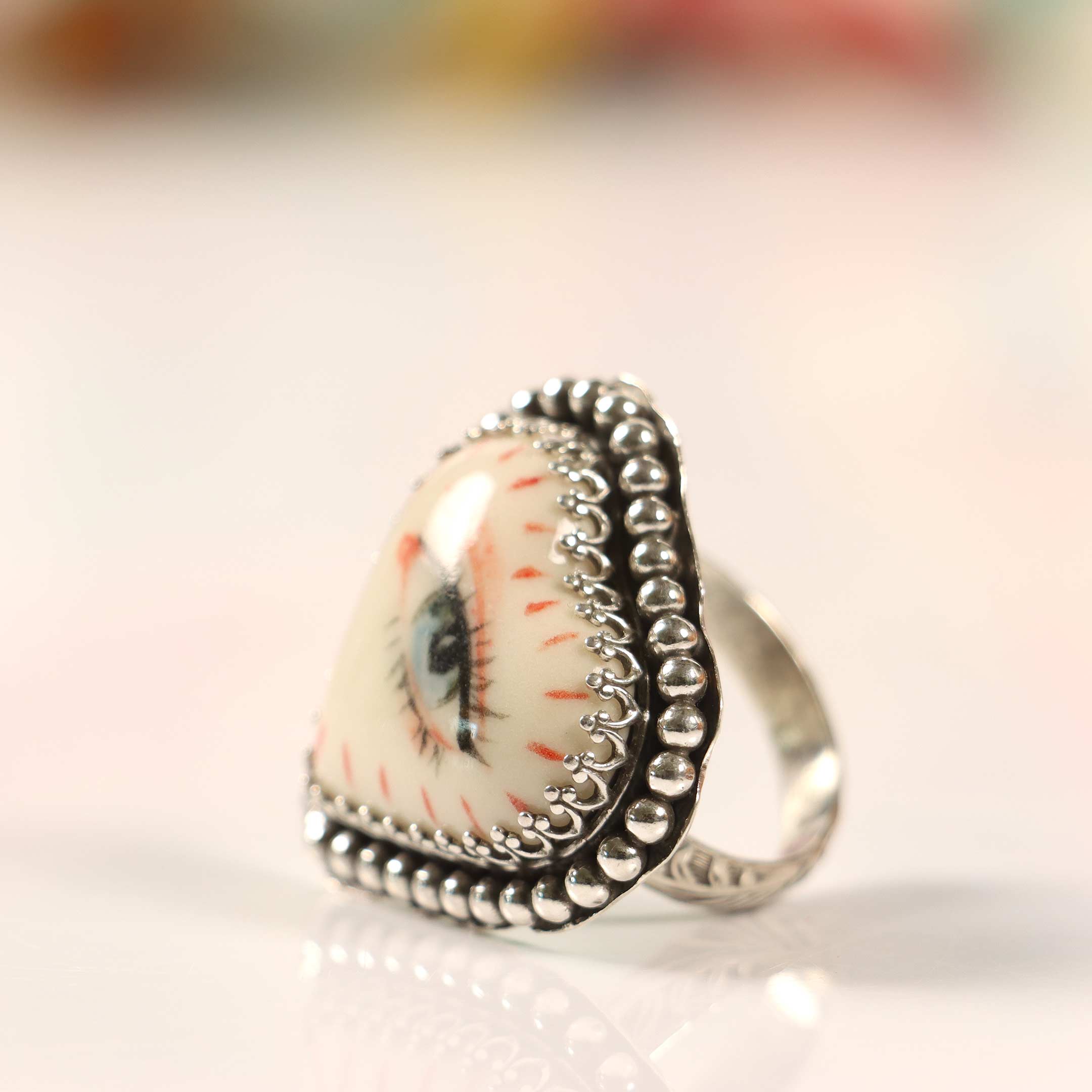 Handpainted Porcelain 'Eye' - Sterling Silver Ring