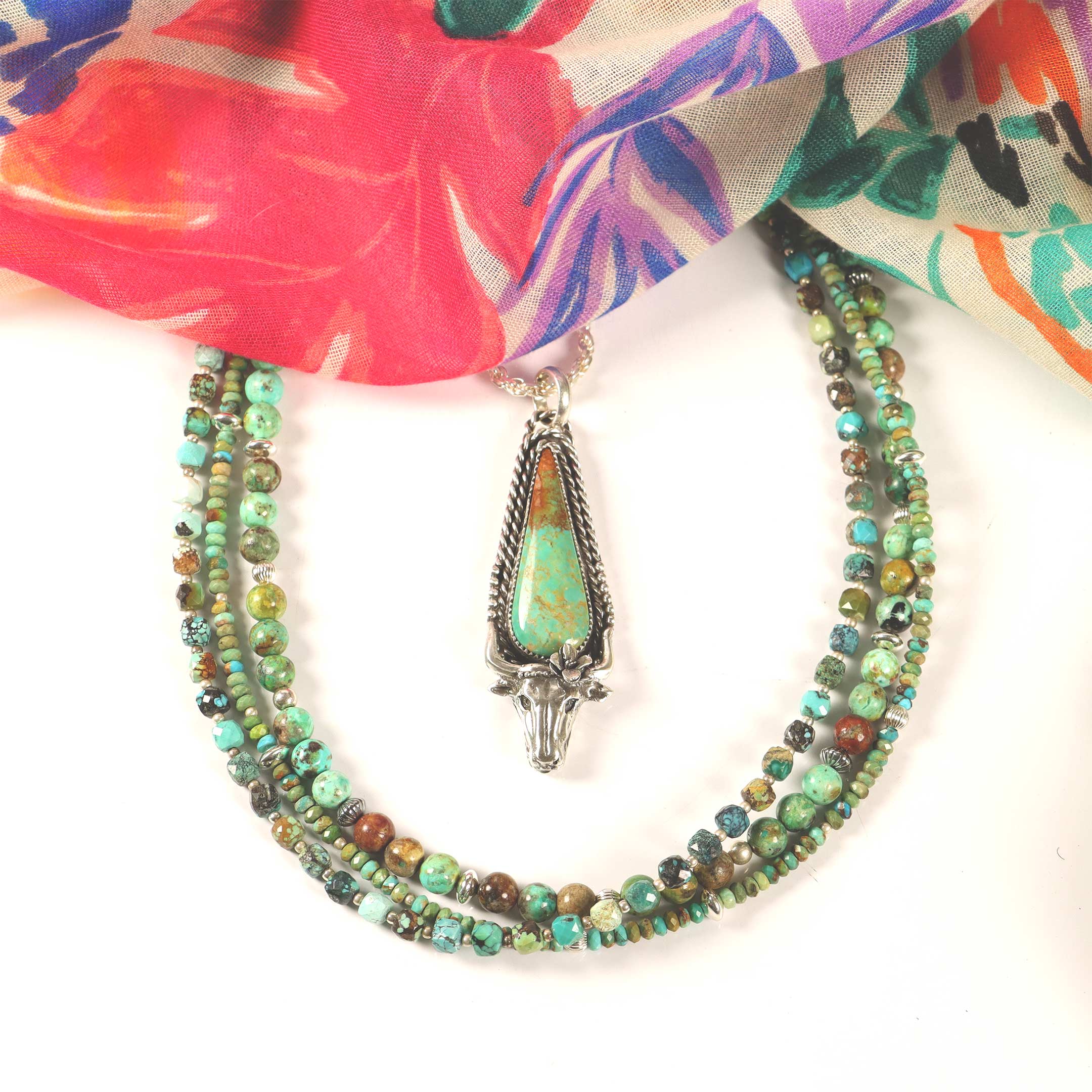 Sterling Silver Longhorn with Tyrone Turquoise Necklace