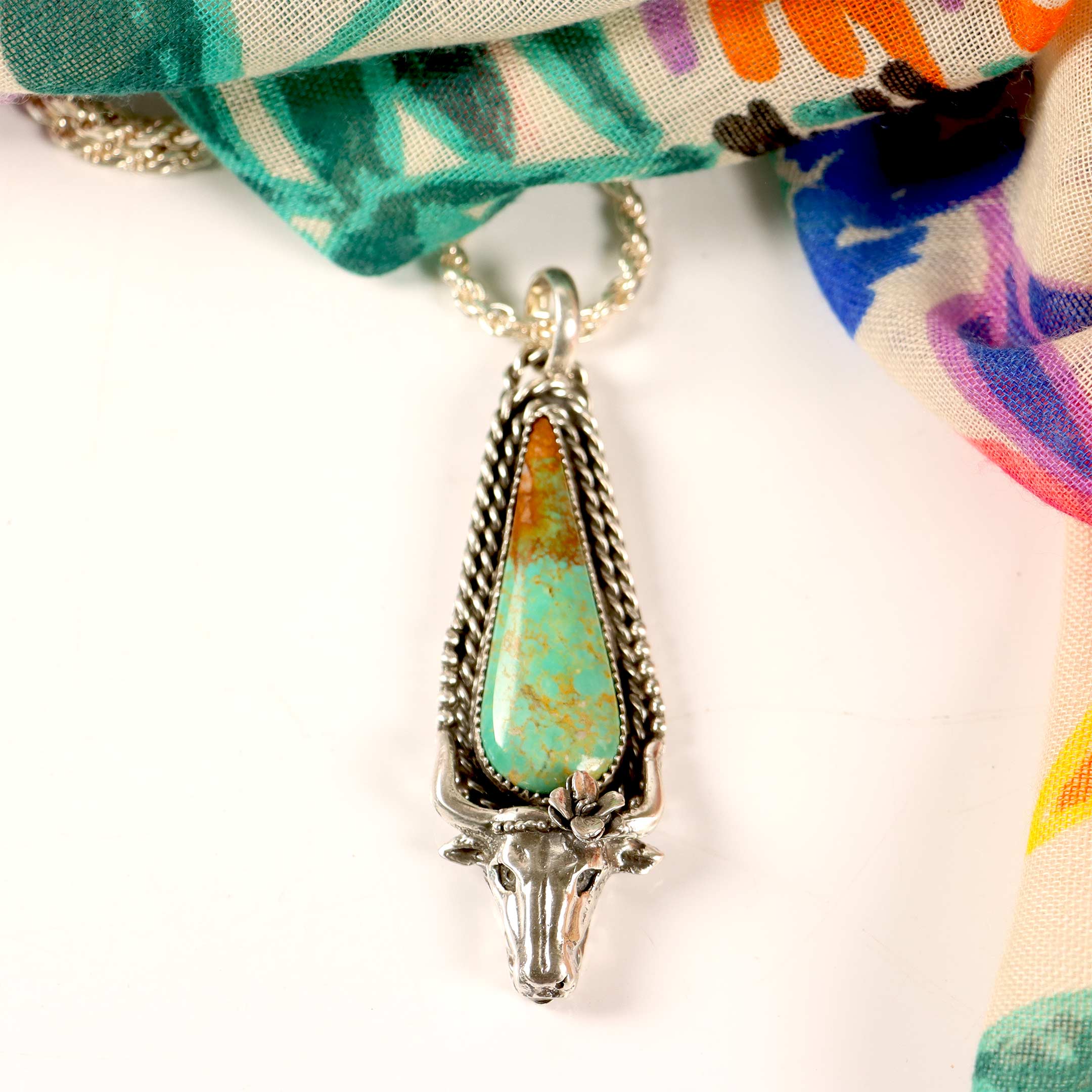 Sterling Silver Longhorn with Tyrone Turquoise Necklace