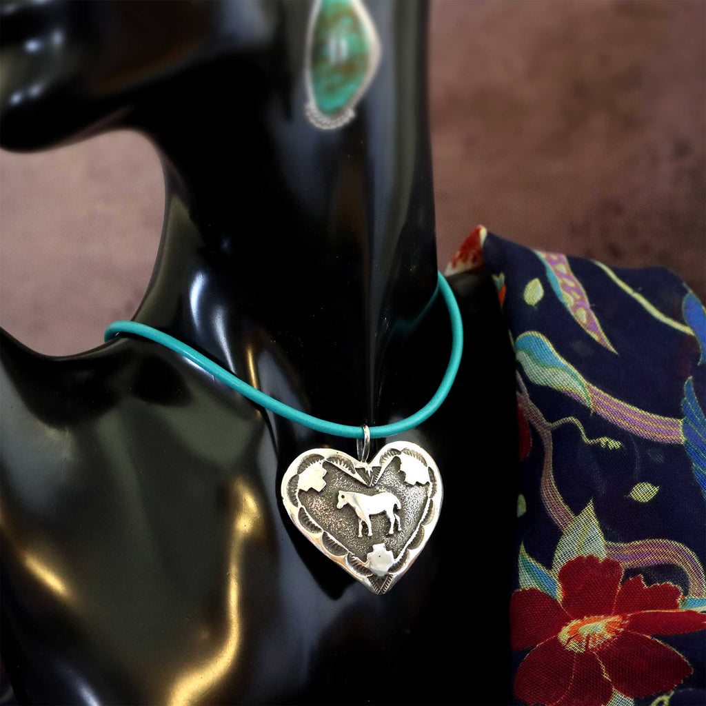 Solid Sterling Silver Heart Pendant with Embossed Horse