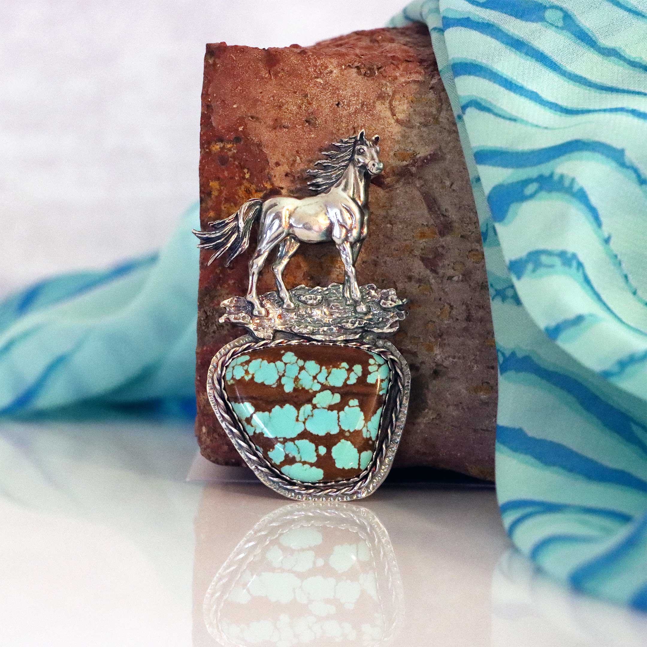 Number 8 Mine Turquoise with Sterling Silver Horse Pendant and Necklace