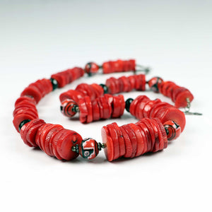 Bamboo coral, sterling silver necklace with handpainted Native American beads