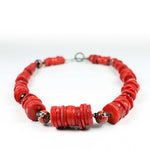 Bamboo coral, sterling silver necklace with handpainted Native American beads