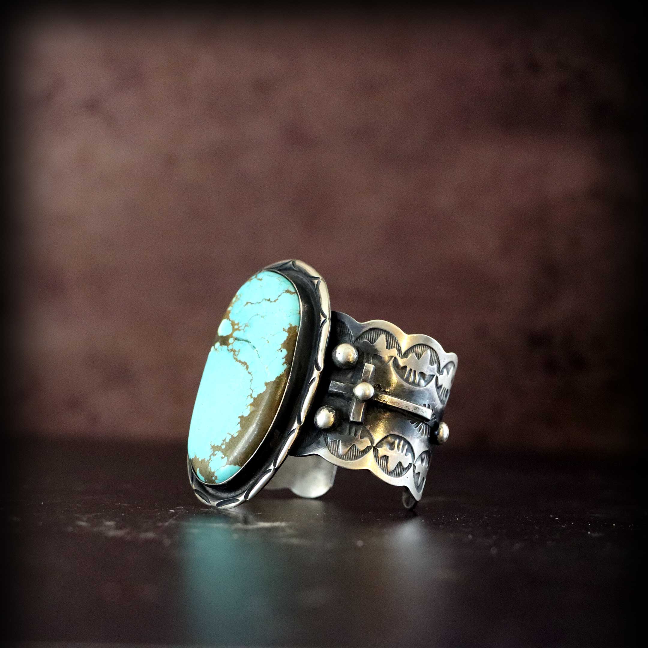 Large Stamped Cuff with Turquoise Cabochon by Chimney Butte