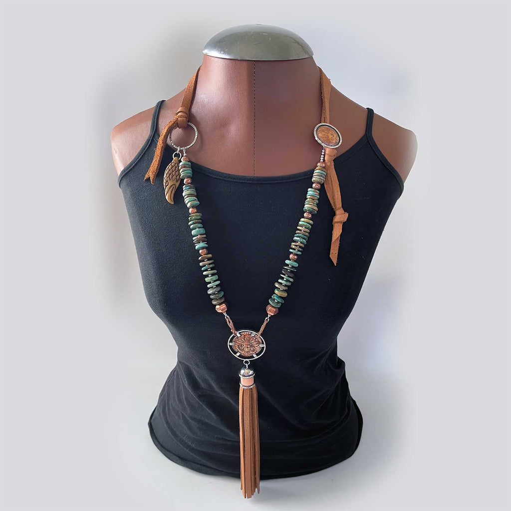 Western One-of-a-Kind Genuine Turquoise, Copper and Sterling Necklace