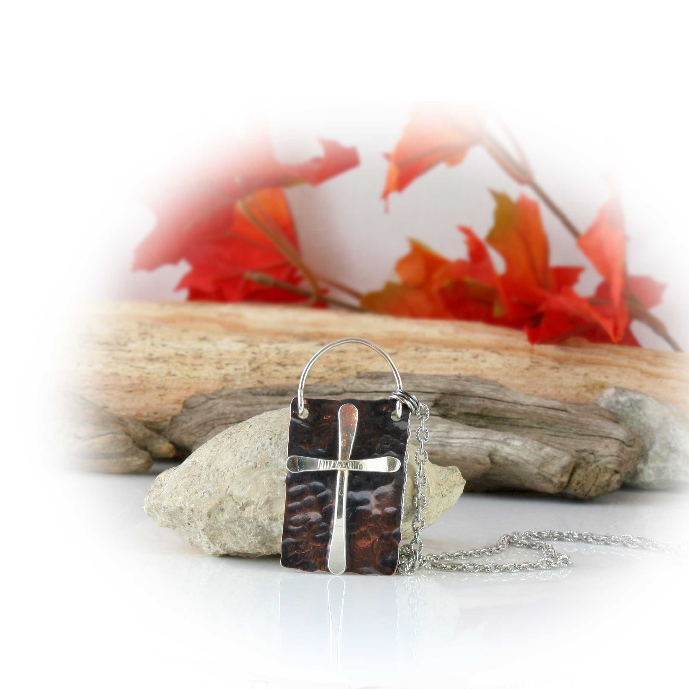 Mission Style Cross Necklace in Sterling Silver and Copper