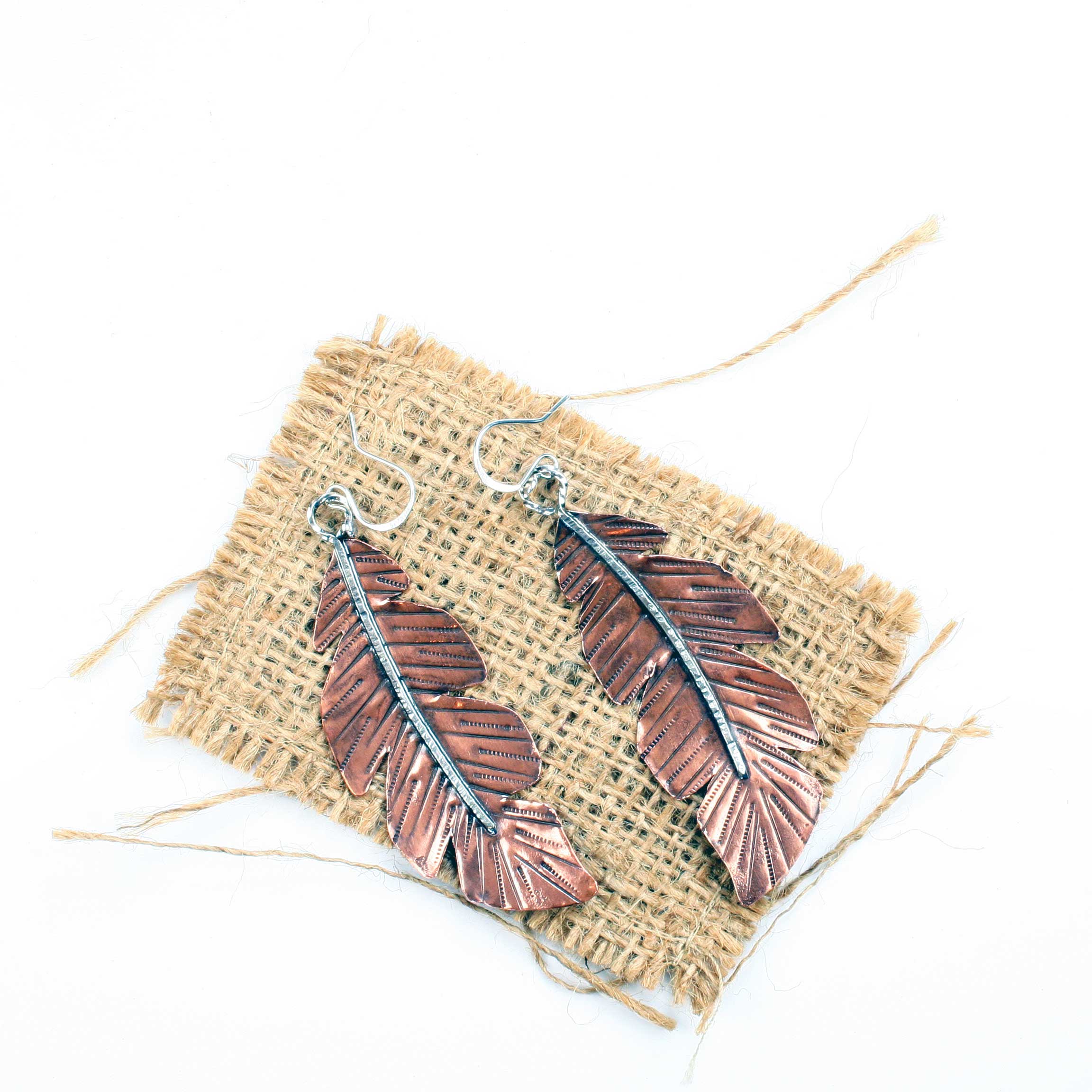 Stamped Copper Feather Earrings with Sterling Silver