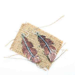 Stamped Copper Feather Earrings with Sterling Silver