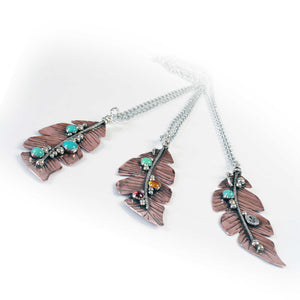 Copper Feather Necklace with Genuine Gemstones