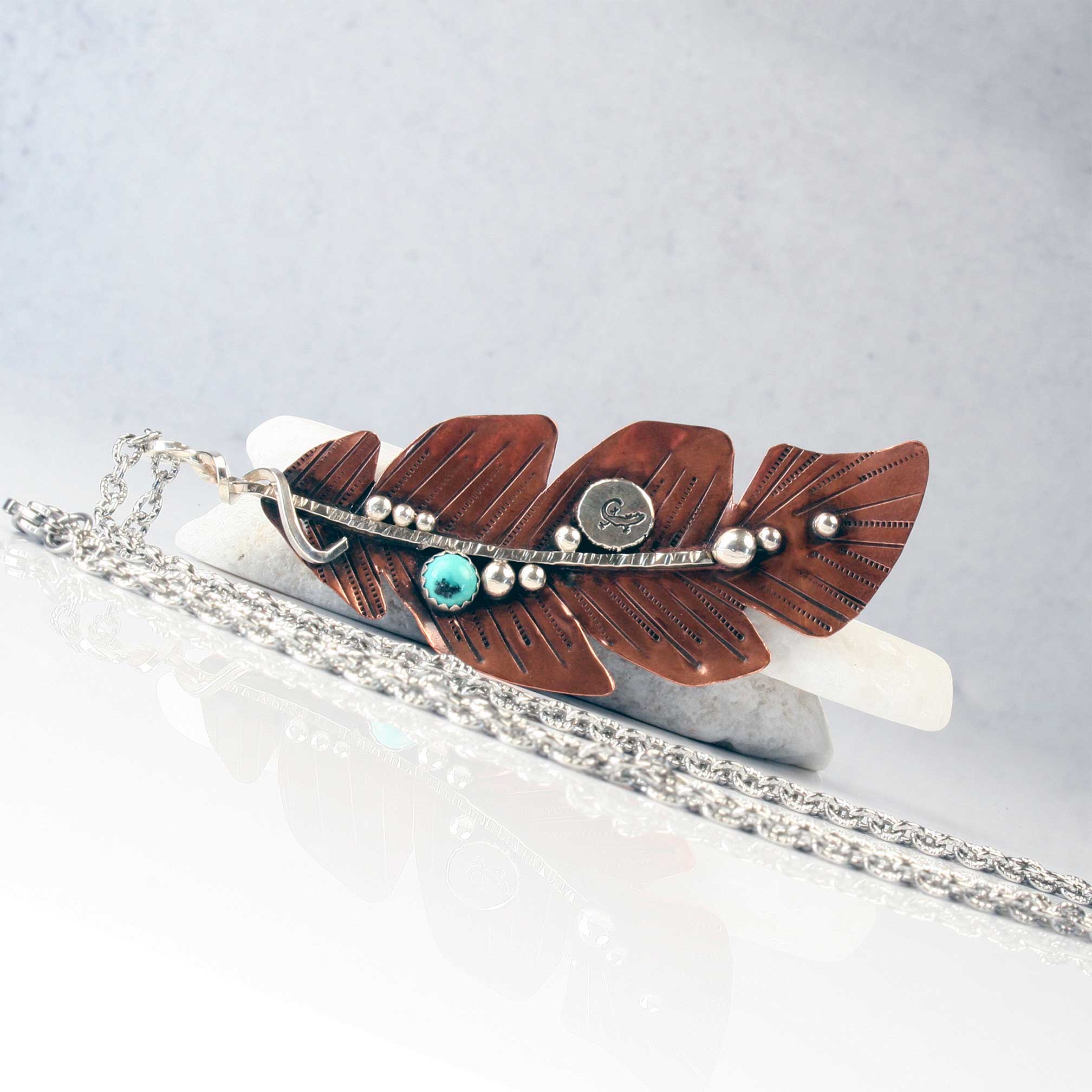 Copper Feather Necklace with Genuine Gemstones