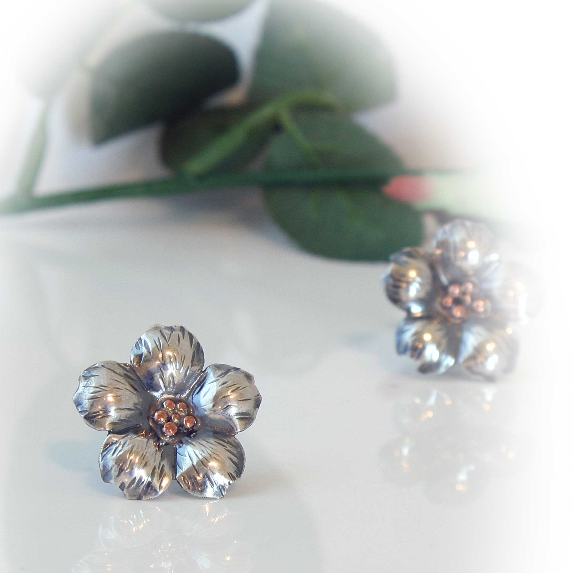Sterling Silver Flower Stud Earrings with Copper