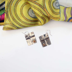 Cross Earrings, Sterling Silver Hammered Cross with Brass Heart or Star Dangle Earrings