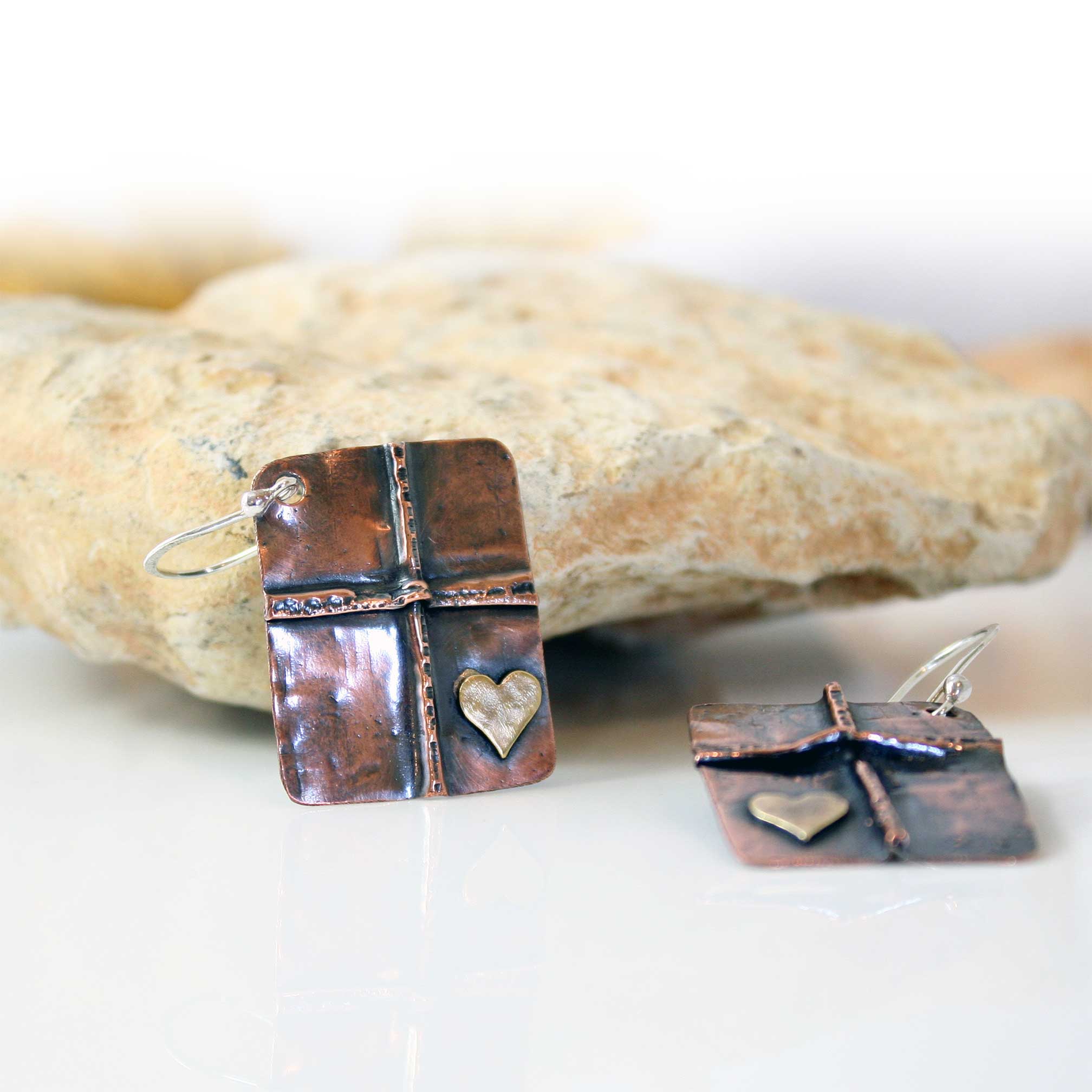 Copper Folded Cross & Heart Earrings