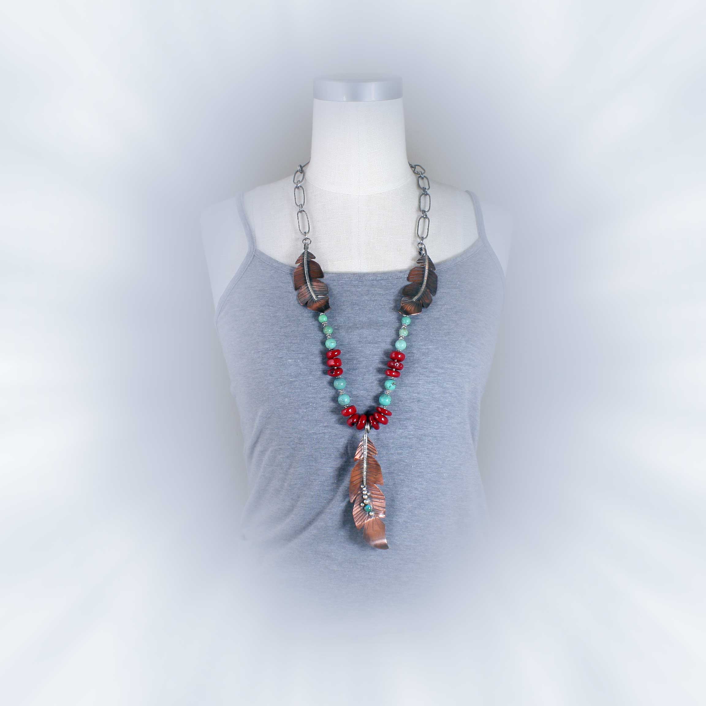 Long Copper & Sterling Silver Feather with Turquoise & Coral
