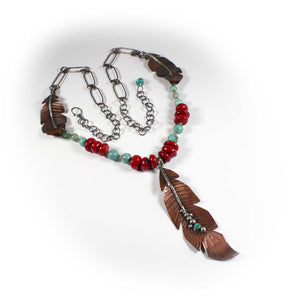 Long Copper & Sterling Silver Feather with Turquoise & Coral