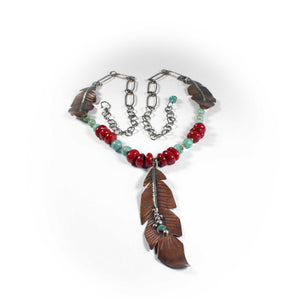 Long Copper & Sterling Silver Feather with Turquoise & Coral