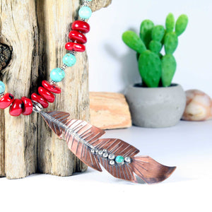 Long Copper & Sterling Silver Feather with Turquoise & Coral