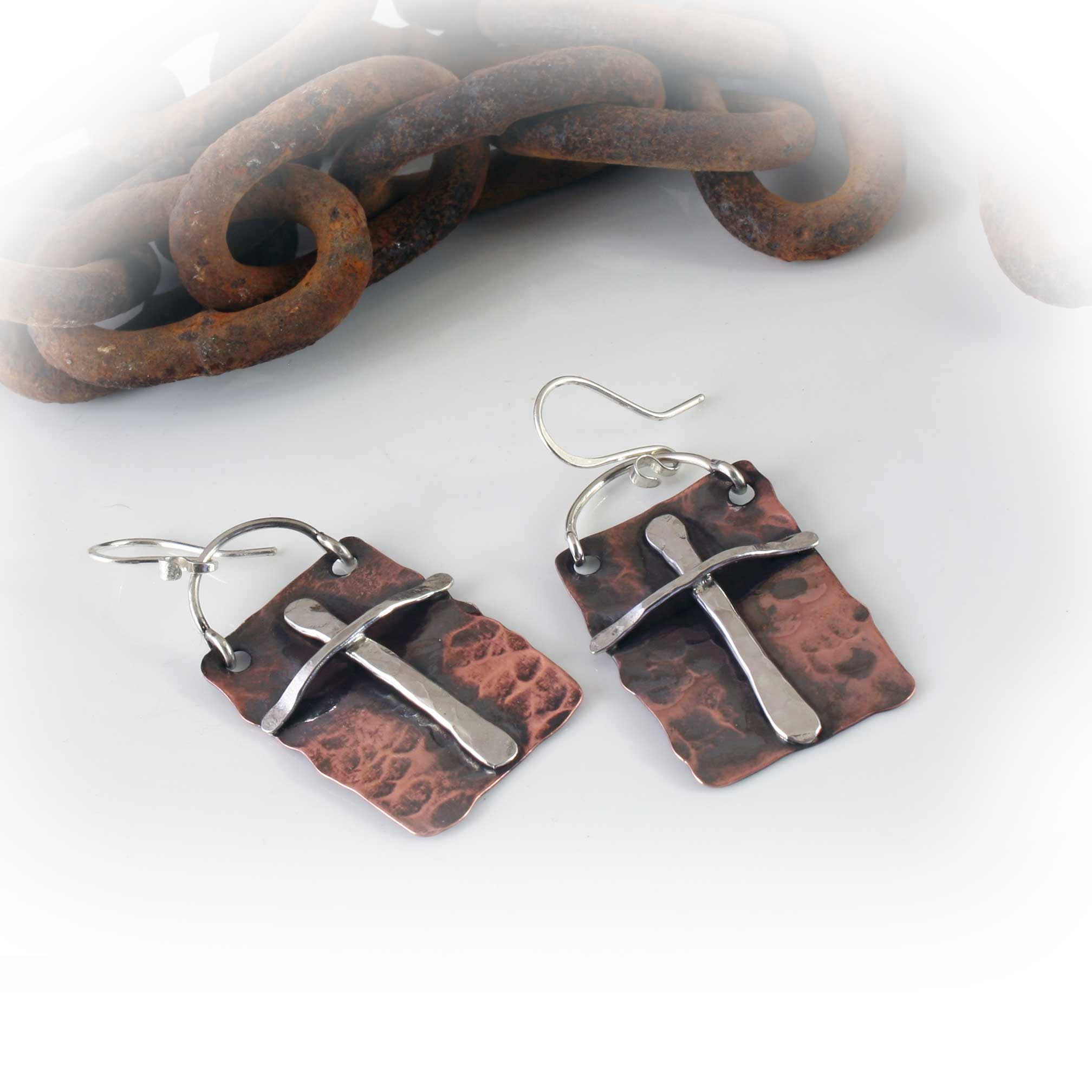 Mission Cross Earrings in Sterling Silver and Copper